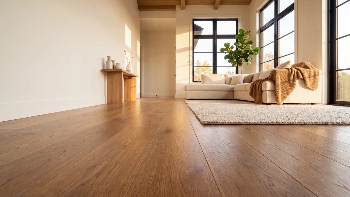 Warm sunlit living room with premium wide-plank hardwood flooring in a modern Markham home